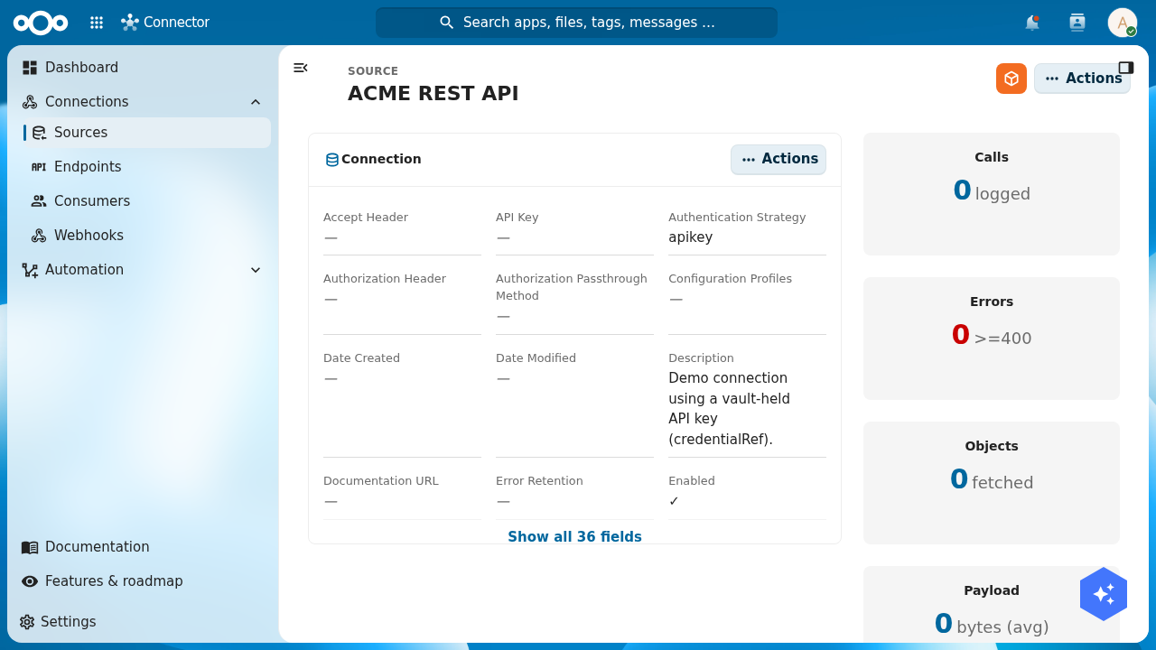 Source detail view with credentialRef configuration